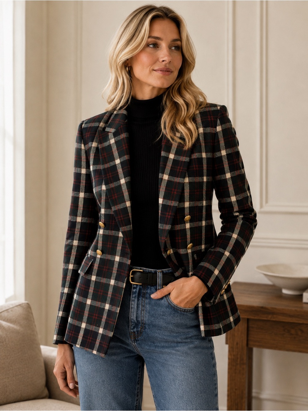 Plaid Double-Breasted Tailored Blazer | Green & Burgundy | Size M